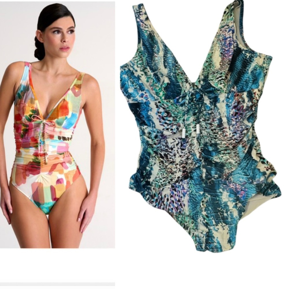 SHAN Classic Animal Prnt Draped Front Ties Ruched Swimsuit V Shaping Slimming 16